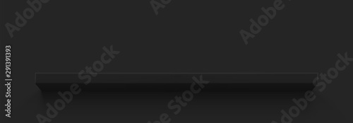 Black 3d shelf on the wall. Wooden horizontal realistic empty shelf