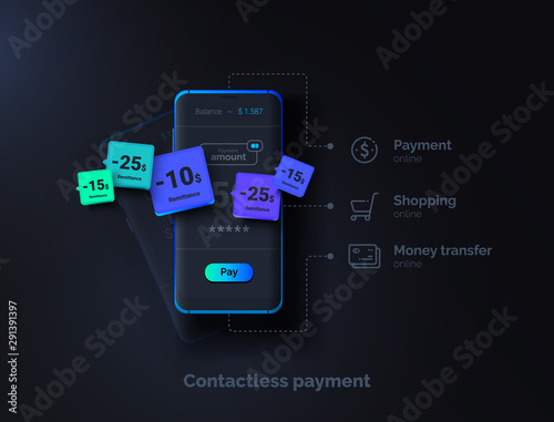 Contactless payment. Mobile phone on a black background with a payment system interface. Online money transfer. Modern vector illustration.