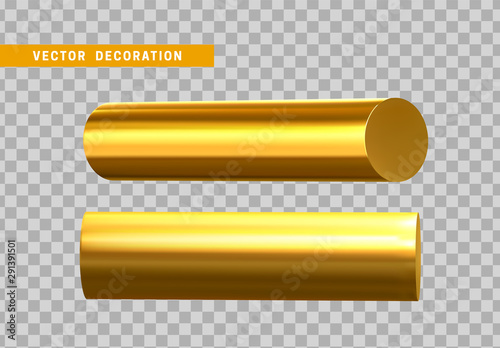 Set of 3d Golden Geometric Shapes Objects round steel, bar, metal round timber. Realistic geometry elements on metallic color gradient. Render Decorative gold figure for design. vector illustration