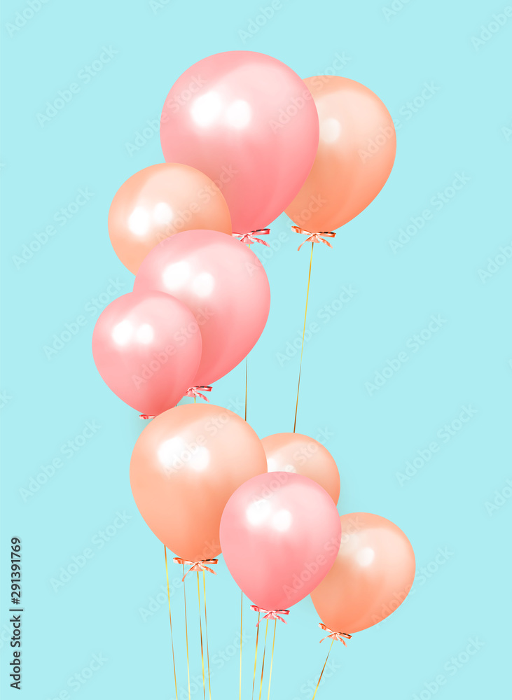 Festive background with helium balloons, 3d objects. Celebrate a birthday, Poster, banner happy anniversary. copy space for text. Vector ballon, pink and blue color. social media story template