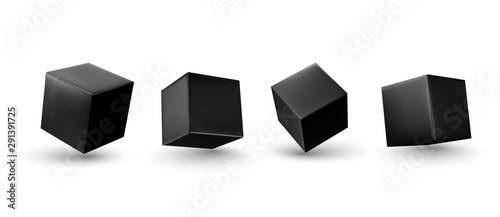 Black Cube 3d render. Set square block. Realistic isolated on a white background. vector illustration