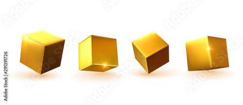 Cube in gold metalic. Square Realistic geometric shapes. Golden decorative design elements isolated white background. 3d objects cube-shaped yellow color. vector illustration.