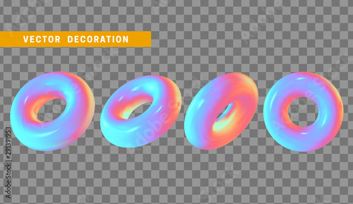 Realistic 3d shape torus, donut objects with gradient holographic color of hologram. Geometric decorative design elements isolated on transparent background. vector illustration