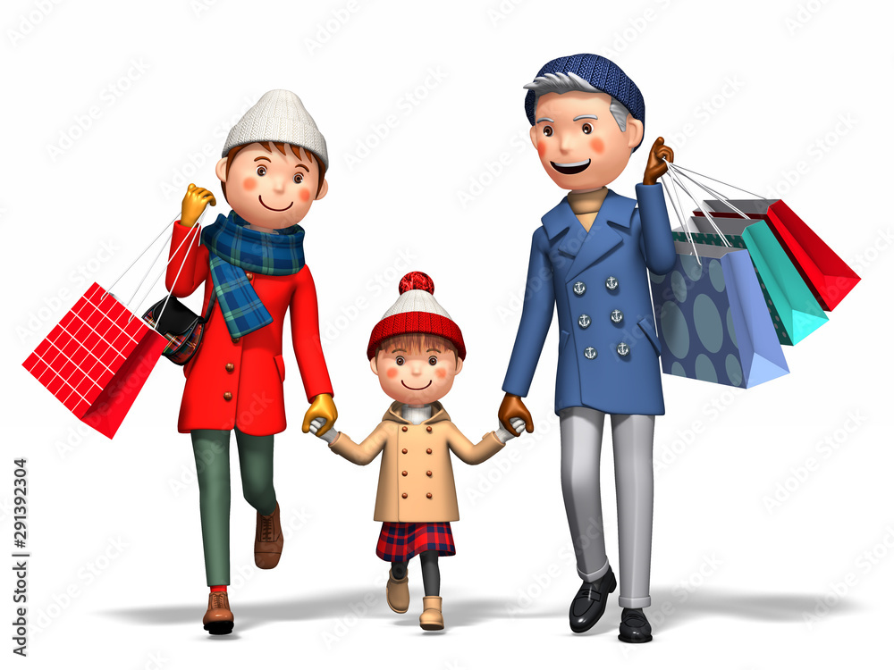 Couple and girl shopping for Christmas in 3d render Couple and girl shopping for Christmas in 3d render