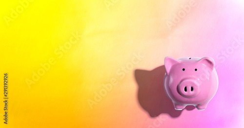 Pink piggy bank - overhead view flat lay