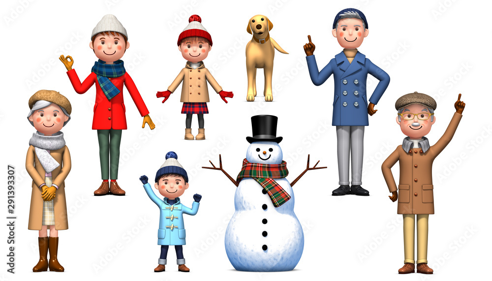 Three-generation family and snowman by 3d rendering Three-generation family and snowman by 3d rendering