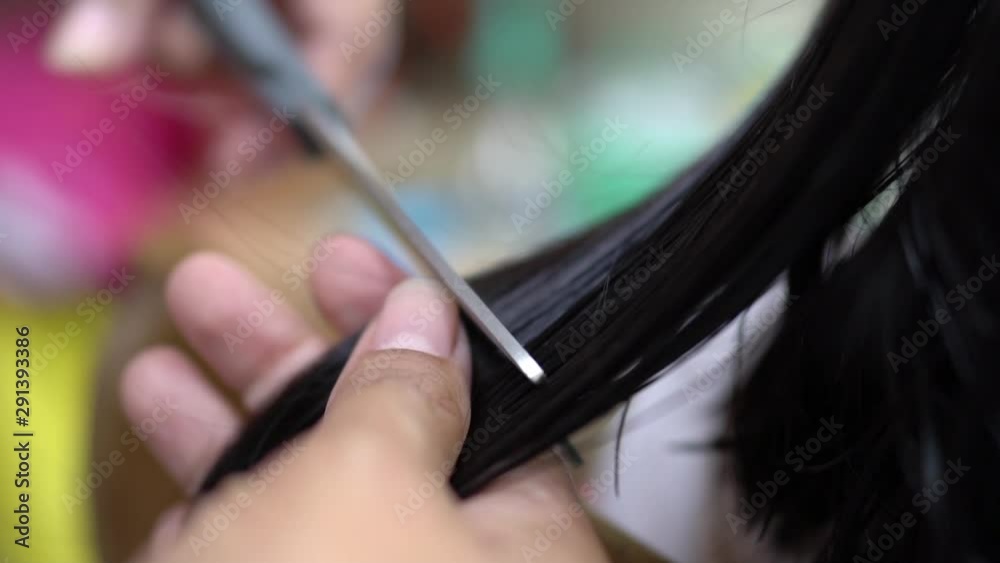Professional barber, woman haircut slowly Professional barber, woman haircut slowly