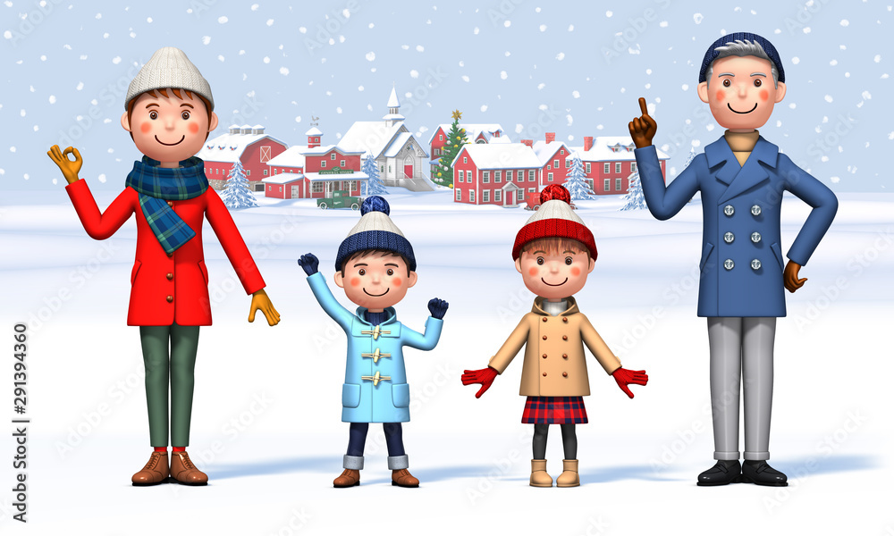Fototapeta premium Parent and child in winter clothes with Christmas town back in 3d rendering