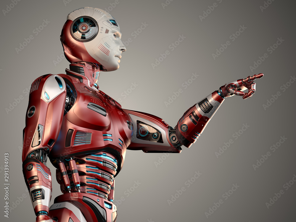 Futuristic robot man or very detailed cyborg standing and pointing  rightwards with forefinger of his left arm. Isolated on color background.  3D Render Stock Illustration | Adobe Stock