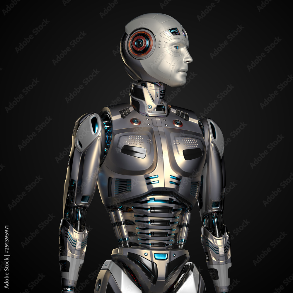 Robot man or very detailed futuristic android looking leftwards. Upper body isolated on black background. 3d render Robot man or very detailed futuristic android looking leftwards. Upper body isolated on black background. 3d render