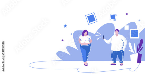 fat man using smartphone taking photo of obese overweight woman model shoot concept sketch horizontal full length
