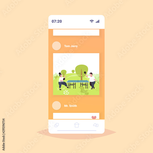 fat obese couple playing ping pong table tennis overweight man woman having fun outdoor in public park weight loss concept smartphone screen online mobile app flat full length