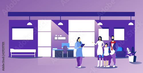 parents with child visiting female family doctor giving prescription for patients healthcare medical consultation concept modern office interior sketch horizontal full length