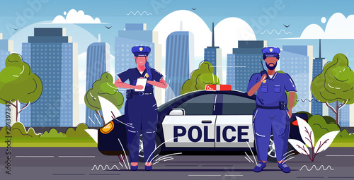 policeman using walkie-talkie policewoman writing fine report mix race police officers standing near patrol car road traffic safety regulations concept cityscape background sketch horizontal