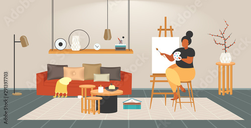 fat obese woman painter using paintbrush and palette overweight girl artist painting on easel creative occupation obesity concept modern living room interior full length flat horizontal