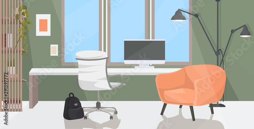 stylish workplace with computer monitor modern cabinet interior empty no people workspace room with furniture at home flat horizontal