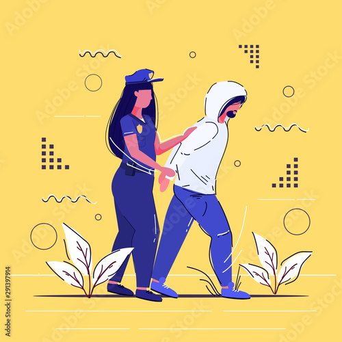 female police officer arrested criminal policewoman in uniform holding caught suspect thief security authority justice law service concept sketch full length