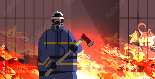 brave fireman holding axe firefighter wearing uniform and helmet firefighting emergency service extinguishing fire concept burning house interior orange flame background portrait vector illustration