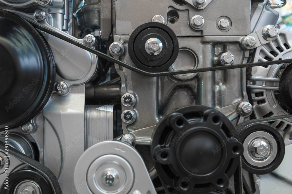 Diesel engine parts engine belt gear close-up Diesel engine parts engine belt gear close-up