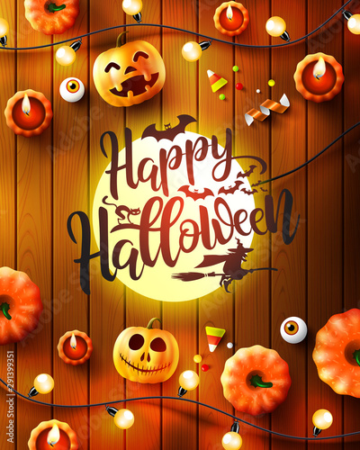Halloween poster with big lamp look like the moon and Halloween Elements on wood background.Party Invitation Concept in Traditional Colors.Website spooky,Background or banner Halloween template
