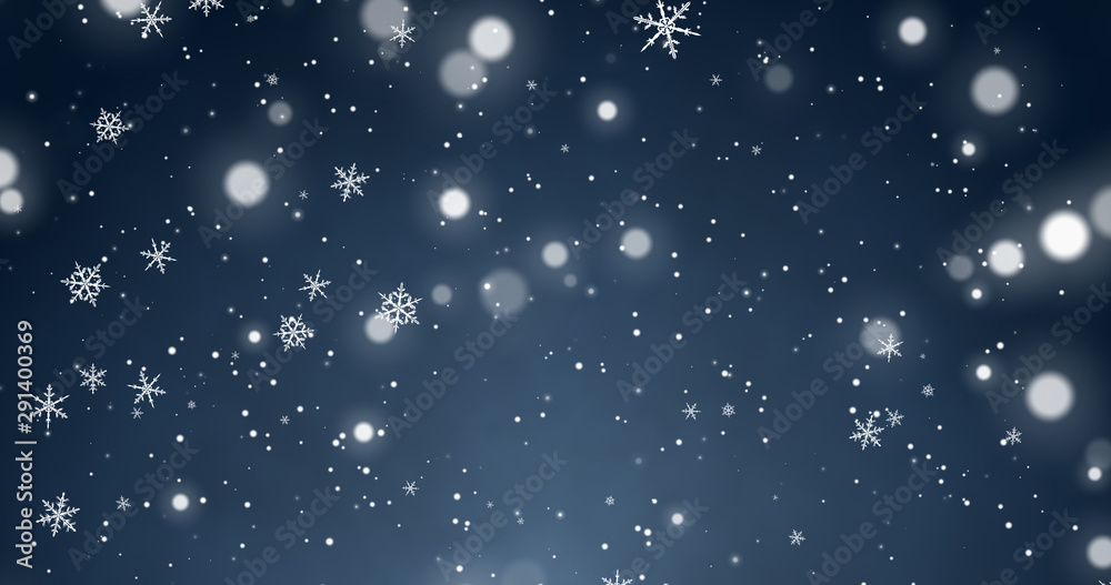 Snowflakes and bokeh lights on the blue Merry Christmas background. 3D render