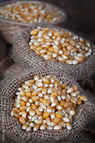 Close up of the dry corn kernels in hemp sacks.