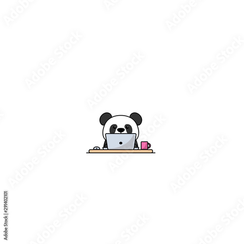 Cute panda working on a laptop, vector illustration