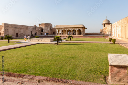 Shah Jahan's Quadrangle with the buildings of Diwan-i-Khas and the Khwabgah of Shah Jahan at the Lahore Fort, Lahore, Pakistan. UNESCO World Heritage Site.