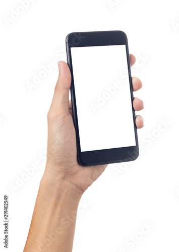 Hand man holding smartphone with blank screen isolated on white background with clipping path