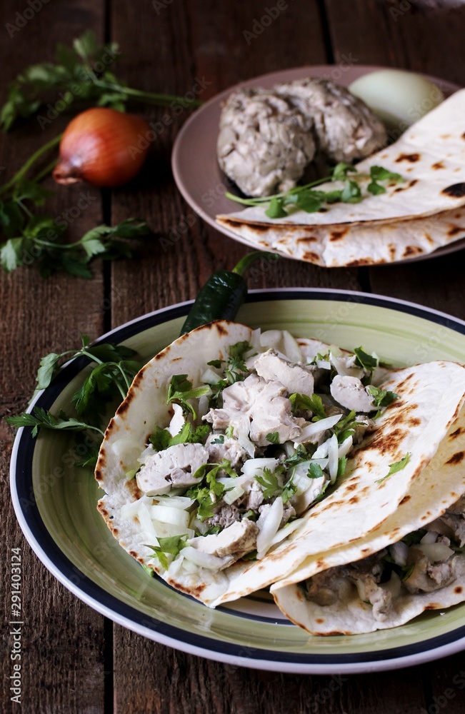 tacos with the brains of a cow, a sheep or a calf. Mexican food. dishes