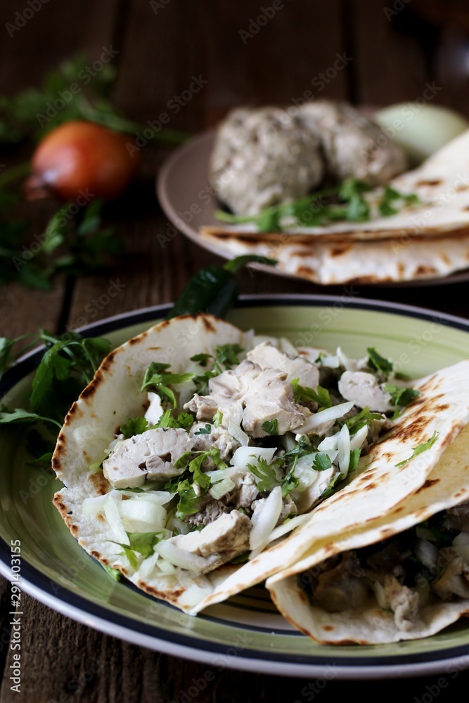 tacos with the brains of a cow, a sheep or a calf. Mexican food. dishes