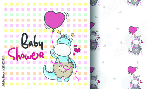 cute baby dragon with ballon with seamless pattern © lemoncraft