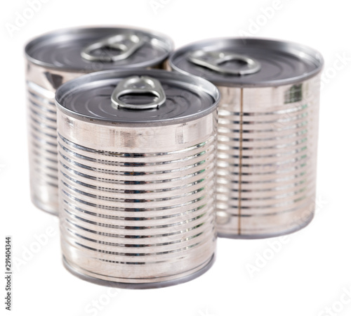 Three silver tin cans closeup