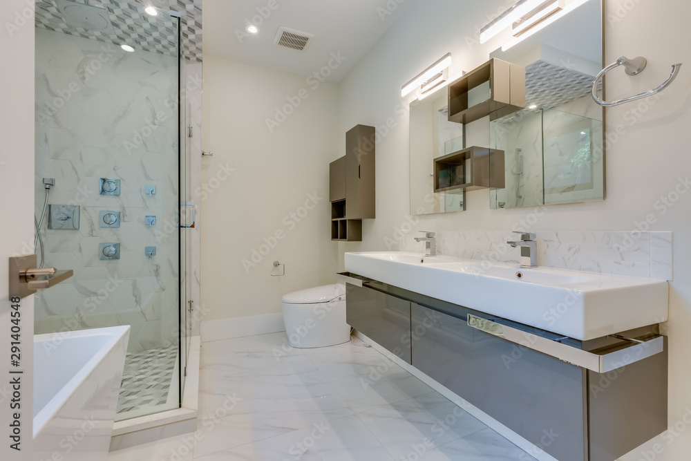Interior design of a modern bathroom in a newly built house or apartment, hotel room. Interior design of a modern bathroom in a newly built house or apartment, hotel room.