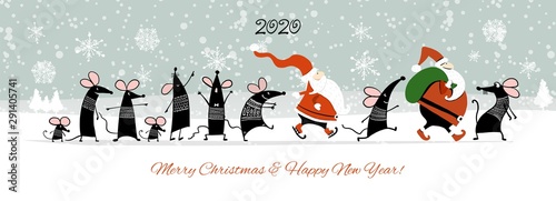 Christmas card with funny mouse and Santa in winter forest, symbol of 2020 year