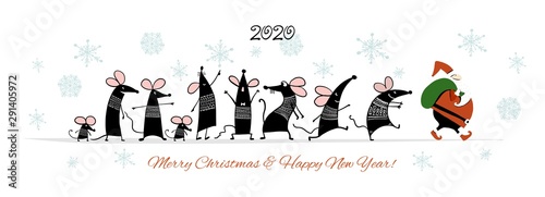 Christmas card with funny mouse and Santa in winter forest, symbol of 2020 year