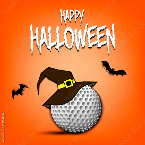 Golf ball with witch hat and happy Hallowen