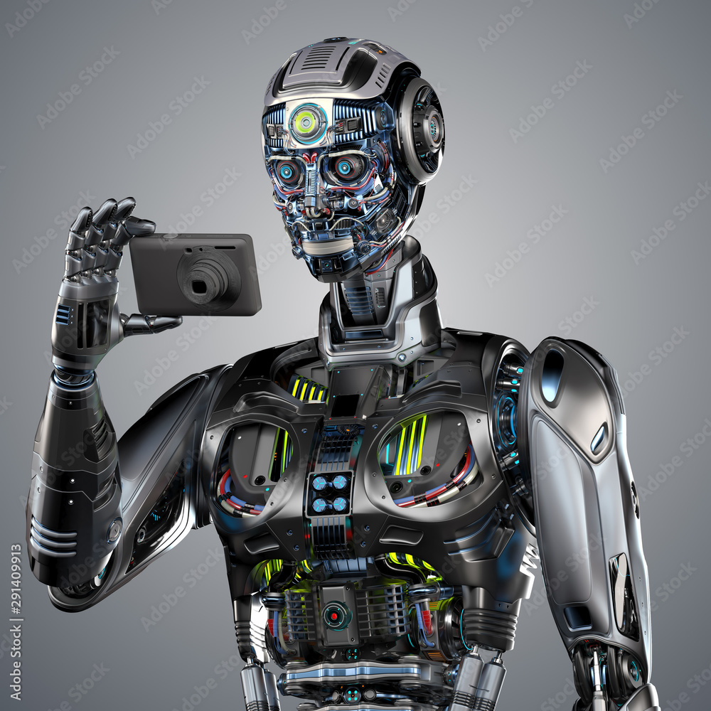 Detailed robot or futuristic android cyborg holding or using a digital  camera. Upper body isolated on grey background. 3d render Stock  Illustration | Adobe Stock