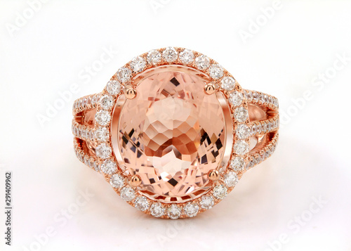 Oval Cut Morganite Engagement Ring Rose Gold halo setting isolated