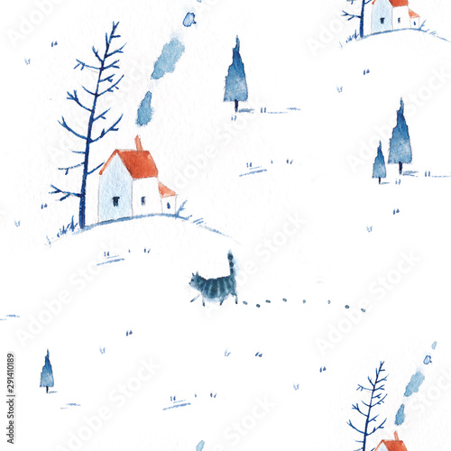 Seamless watercolor pattern with a small town, farms, houses, hills.