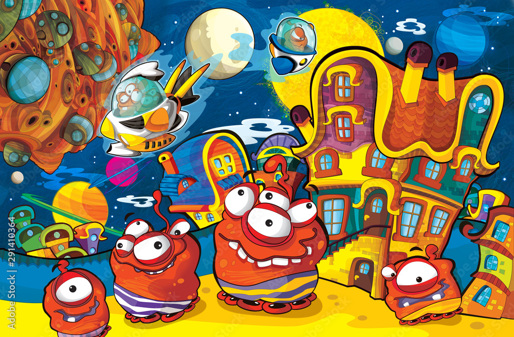 cartoon scene with some funny looking alien flying in ufo vehicle near some planet - white background - illustration for children cartoon scene with some funny looking alien flying in ufo vehicle near some planet - white background - illustration for children