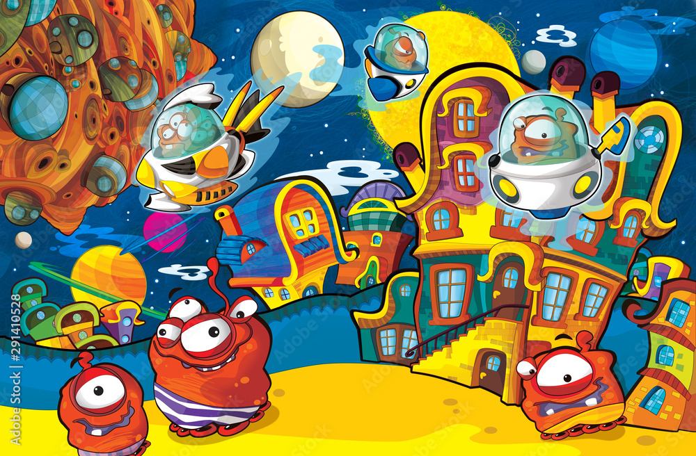 Fototapeta premium cartoon scene with some funny looking alien flying in ufo vehicle near some planet - white background - illustration for children