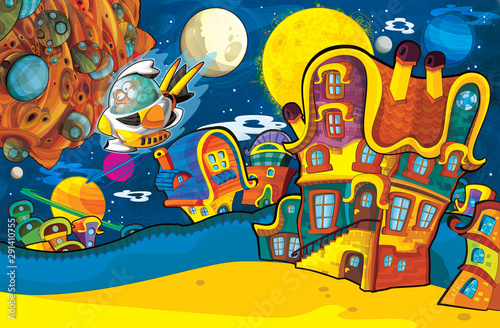 cartoon scene with some funny looking alien flying in ufo vehicle near some planet - white background - illustration for children