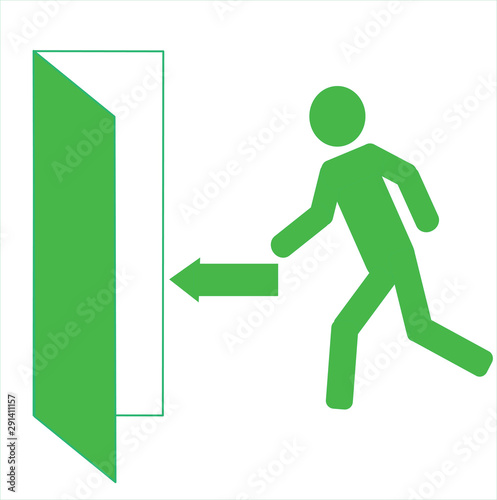 stick man running towards open door, emergency exit sign