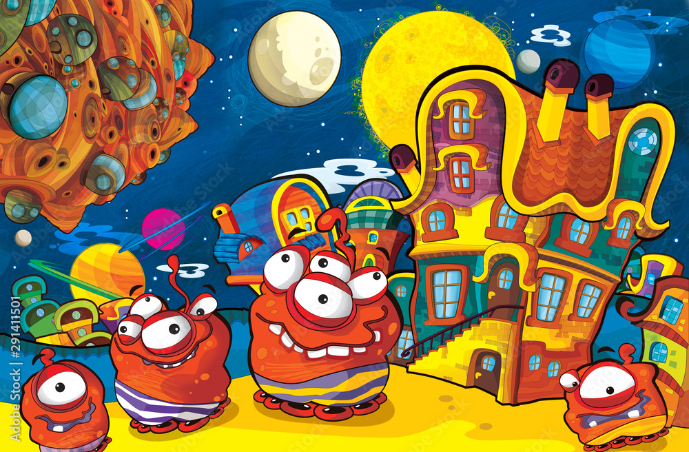 Fototapeta premium cartoon scene with some funny looking alien flying in ufo vehicle near some planet - white background - illustration for children