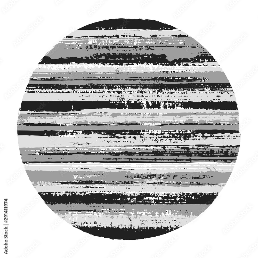 Vintage circle vector geometric shape with striped texture of ink horizontal lines.