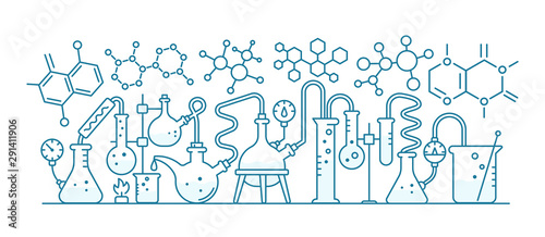 Chemical formulas. Chemistry education. Medical tests. Laboratory research experiments. Outline contour line vector.