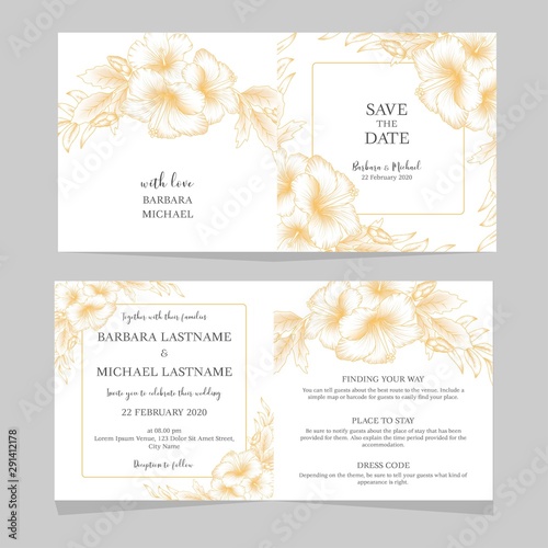 Wedding invitation card with golden vintage hibiscus flower