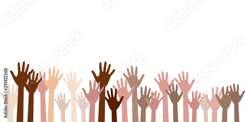 Hands with skin color diversity vector illustration. Community concept icons, social, national, racial issues symbols. Helping hand prints, human palms - volunteering, collaboration concept.