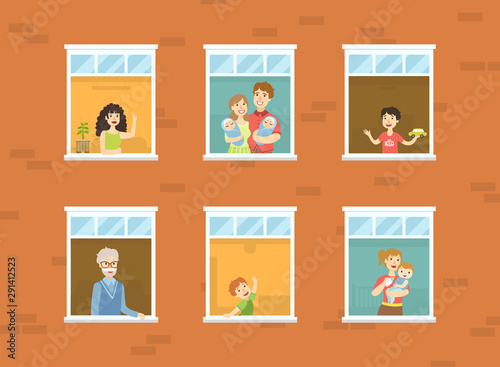 People Looking Out of Windows Set, Neighbors in Their Apartments Greeting Through the Windows Vector Illustration